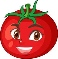 Tomatenkarikaturfigur mit glücklichem Gesichtsausdruck auf weißem Hintergrund vektor