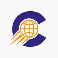 Buchstabe c globales Logo-Konzept mit beweglichem Weltsymbol. globale Logosymbol-Vektorvorlage vektor