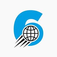 Buchstabe 6 globales Logo-Konzept mit beweglichem Weltsymbol. globale Logosymbol-Vektorvorlage vektor