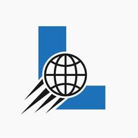 Buchstabe l globales Logo-Konzept mit beweglichem Weltsymbol. globale Logosymbol-Vektorvorlage vektor