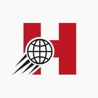 Buchstabe h globales Logo-Konzept mit beweglichem Weltsymbol. globale Logosymbol-Vektorvorlage vektor