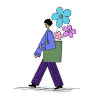 ein Spaziergang eines jungen Charakters in guter Laune und mit einer Tüte Blumen. hand gezeichnete vektorillustration lokalisiert auf weißem hintergrund. vektor
