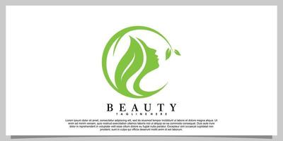 skönhet logotyp design med huvud kvinnor och blad kreativ begrepp vektor