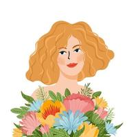 vektorisolierte illustration der netten frau mit blumen. internationales frauentagskonzept für karten, poster, flyer und andere zwecke vektor