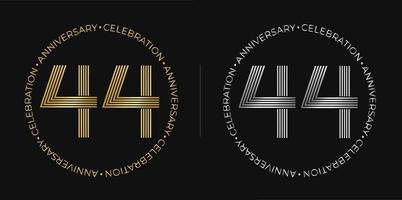 44: e födelsedag. fyrtiofyra år årsdag firande baner i gyllene och silver- färger. cirkulär logotyp med original- tal design i elegant rader. vektor