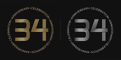34. Geburtstag. 34-jähriges Jubiläumsbanner in goldenen und silbernen Farben. kreisförmiges Logo mit originellem Zahlendesign in eleganten Linien. vektor