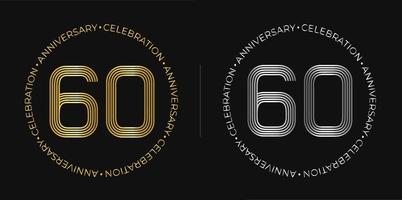 60:e födelsedag. sextio år årsdag firande baner i gyllene och silver- färger. cirkulär logotyp med original- tal design i elegant rader. vektor