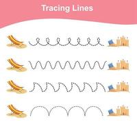 Arbeitsblatt Linien verfolgen. Lernspiel für Kinder. Arbeitsblatt für den Kindergarten. Zeichenpraxis mit Sommerthema. Vektordatei. vektor