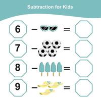 Zählen von Sommerartikeln für die Vorschule. Mathearbeitsblatt zum ausdrucken. Mathe-Spiel für die Vorschule. Vektordatei. vektor