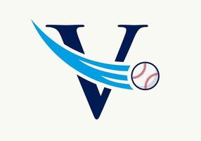Buchstabe v Baseball-Logo-Konzept mit beweglicher Baseball-Icon-Vektorvorlage vektor