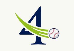 Letter 4 Baseball-Logo-Konzept mit beweglicher Baseball-Icon-Vektorvorlage vektor