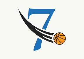 första brev 7 basketboll logotyp begrepp med rör på sig basketboll ikon. korg boll logotyp symbol vektor mall