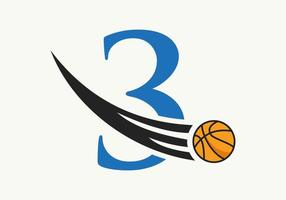 Anfangsbuchstabe 3 Basketball-Logo-Konzept mit beweglichem Basketball-Symbol. Basketball-Logo-Symbol-Vektorvorlage vektor