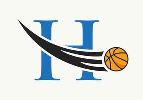 Anfangsbuchstabe h Basketball-Logo-Konzept mit beweglichem Basketball-Symbol. Basketball-Logo-Symbol-Vektorvorlage vektor