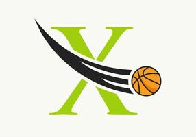 Anfangsbuchstabe x Basketball-Logo-Konzept mit beweglichem Basketball-Symbol. Basketball-Logo-Symbol-Vektorvorlage vektor