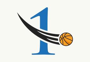 första brev 1 basketboll logotyp begrepp med rör på sig basketboll ikon. korg boll logotyp symbol vektor mall