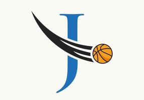 Anfangsbuchstabe j Basketball-Logo-Konzept mit beweglichem Basketball-Symbol. Basketball-Logo-Symbol-Vektorvorlage vektor