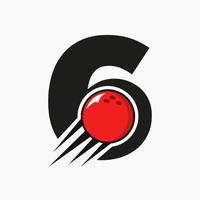 Anfangsbuchstabe 6 Bowling-Logo-Konzept mit beweglichem Bowlingkugel-Symbol. Bowling-Sport-Logo-Symbol-Vektor-Vorlage vektor