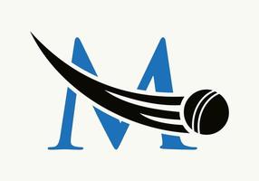 Buchstabe m Cricket-Logo-Konzept mit beweglichem Cricket-Ball-Symbol. Cricket-Sport-Logo-Symbol-Vektor-Vorlage vektor