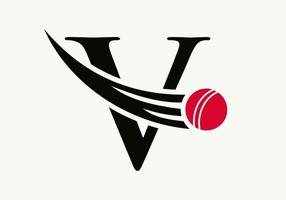 brev v cricket logotyp begrepp med rör på sig cricket boll ikon. cricket sporter logotyp symbol vektor mall