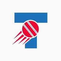 Buchstabe t Cricket-Logo-Konzept mit beweglichem Cricket-Ball-Symbol. Cricket-Sport-Logo-Symbol-Vektor-Vorlage vektor