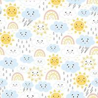 sömlös mönster med väder ikoner - Sol och regnbågar, regn och åska i barnslig stil. vektor