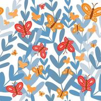 söt springtime tema sömlös mönster med fjärilar och blå löv på vit bakgrund vektor