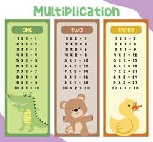 Einmaleins-Diagramme mit niedlichem Tierdesign für Kinder. Mathe-Stundenplan-Illustration für Kinder. Vektorillustrationsdatei. vektor