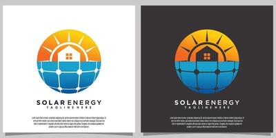 Sonne Solarenergie-Logo-Design mit Solarpanel-Technologie und Zuhause vektor