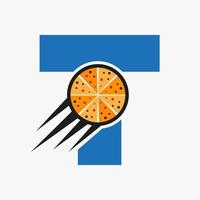 första brev t restaurang Kafé logotyp med pizza begrepp vektor mall