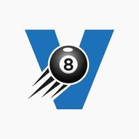Buchstabe V Billard oder Pool-Logo-Design für Billardraum oder 8-Ball-Pool-Club-Symbol-Vektorvorlage vektor