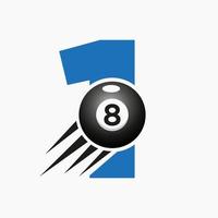 Buchstabe 1 Billard oder Pool-Logo-Design für Billardraum oder 8-Ball-Pool-Club-Symbolvektorvorlage vektor