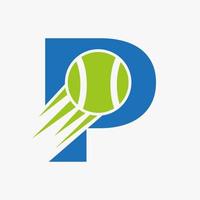 Buchstabe p Tennis-Logo-Konzept mit beweglichem Tennisball-Symbol. Tennis-Sport-Logo-Symbol-Vektor-Vorlage vektor