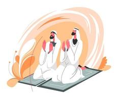 muslimische Männer sitzen auf Teppichen und beten Vektor