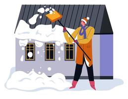 mann, der schnee durch haus, winterzeit draußen säubert vektor