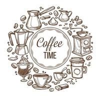 kaffe tid, koppar och bönor svartvit skiss vektor