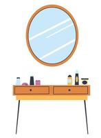 spiegel und tisch mit kosmetischen produkten, schlafzimmerinnenraum vektor