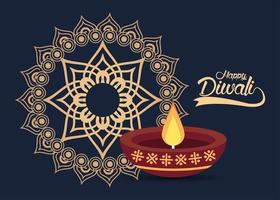 fröhliche Diwali-Feier mit Kerze und goldenem Mandala vektor