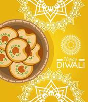 lycklig diwali firande med mat och mandalor i gul bakgrund vektor