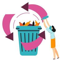 recyclingprozess für kunststoffabfälle, behälter mit abfall und pfeilen vektor