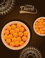 glückliche Diwali-Feier mit Essen und Mandalas im braunen Hintergrund vektor