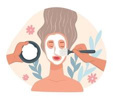 skönhet salong förfaranden och hudvård, applicering mask på ansikte vektor