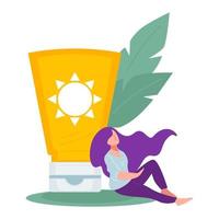 Solskydd Sol lotion och kvinna karaktär på semester vektor