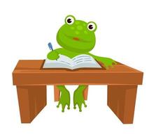 frosch sitzt am tisch und schreibt in lehrbuch, studiert tier vektor