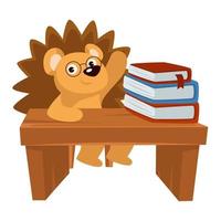Igel sitzt an einem mit Büchern beladenen Schreibtisch in der Schule vektor