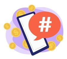 smartphone mit hashtag bringt geld, erfolgreiche werbung online vektor