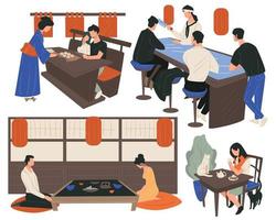 leute, die im chinesischen restaurant speisen, essen und trinken vektor