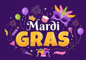 mardi gras karneval fest illustration med mask, fjädrar och Artikel festival för webb baner eller landning sida i platt tecknad serie hand dragen mallar vektor