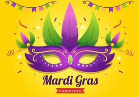 mardi gras karneval fest illustration med mask, fjädrar och Artikel festival för webb baner eller landning sida i platt tecknad serie hand dragen mallar vektor