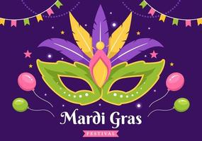 mardi gras karneval fest illustration med mask, fjädrar och Artikel festival för webb baner eller landning sida i platt tecknad serie hand dragen mallar vektor